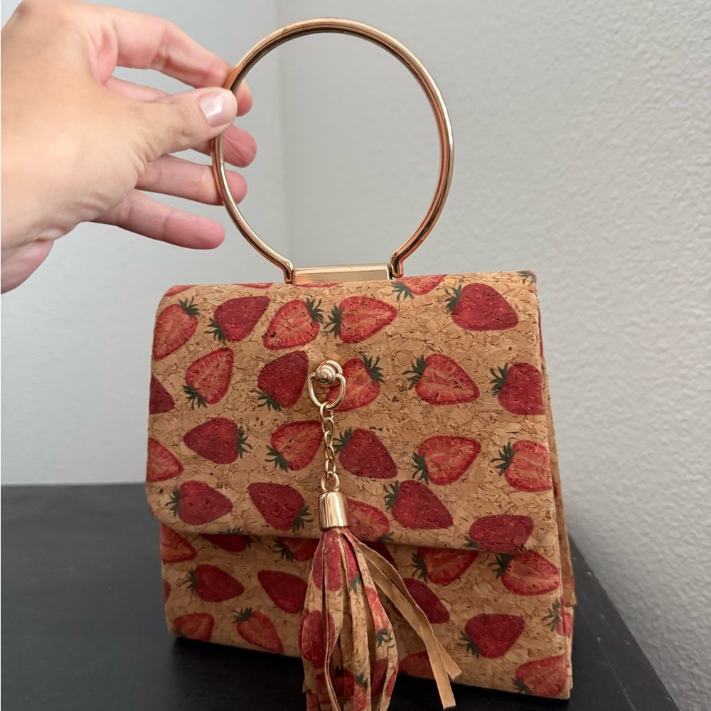 Strawberry Print Handbag with Gold Handle